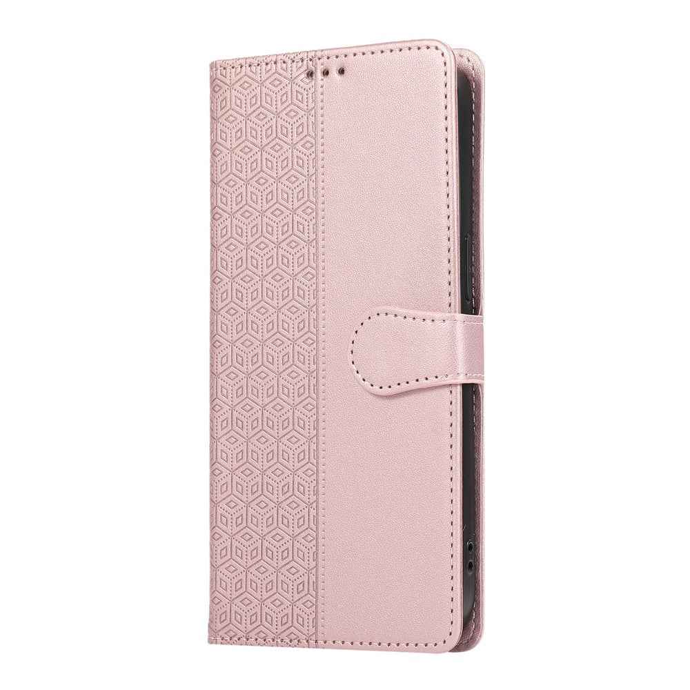 For Samsung Galaxy A57 5G Case Splicing Imprinted Rhombus Leather Phone Cover with Wrist Strap - Rose Gold