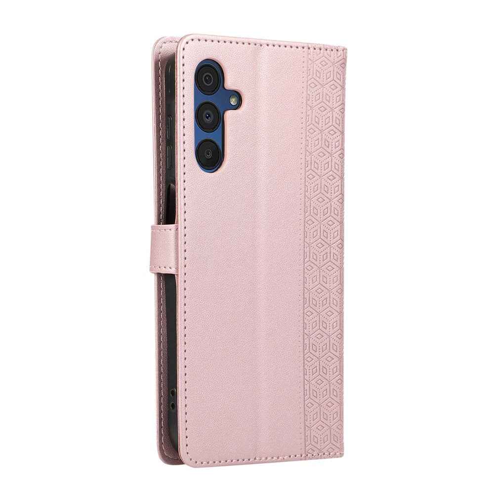 For Samsung Galaxy A57 5G Case Splicing Imprinted Rhombus Leather Phone Cover with Wrist Strap - Rose Gold