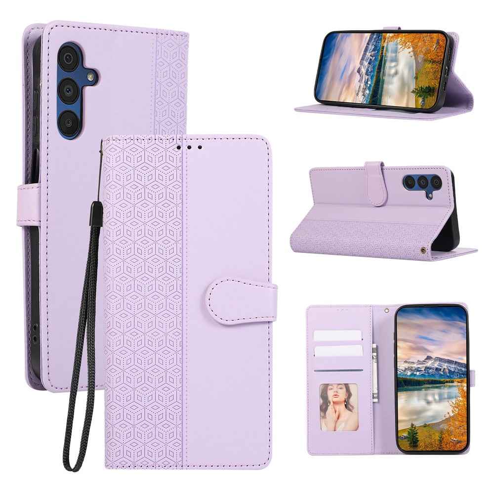 For Samsung Galaxy A57 5G Case Splicing Imprinted Rhombus Leather Phone Cover with Wrist Strap - Purple