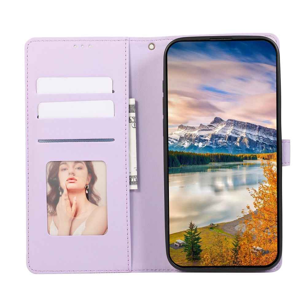 For Samsung Galaxy A57 5G Case Splicing Imprinted Rhombus Leather Phone Cover with Wrist Strap - Purple