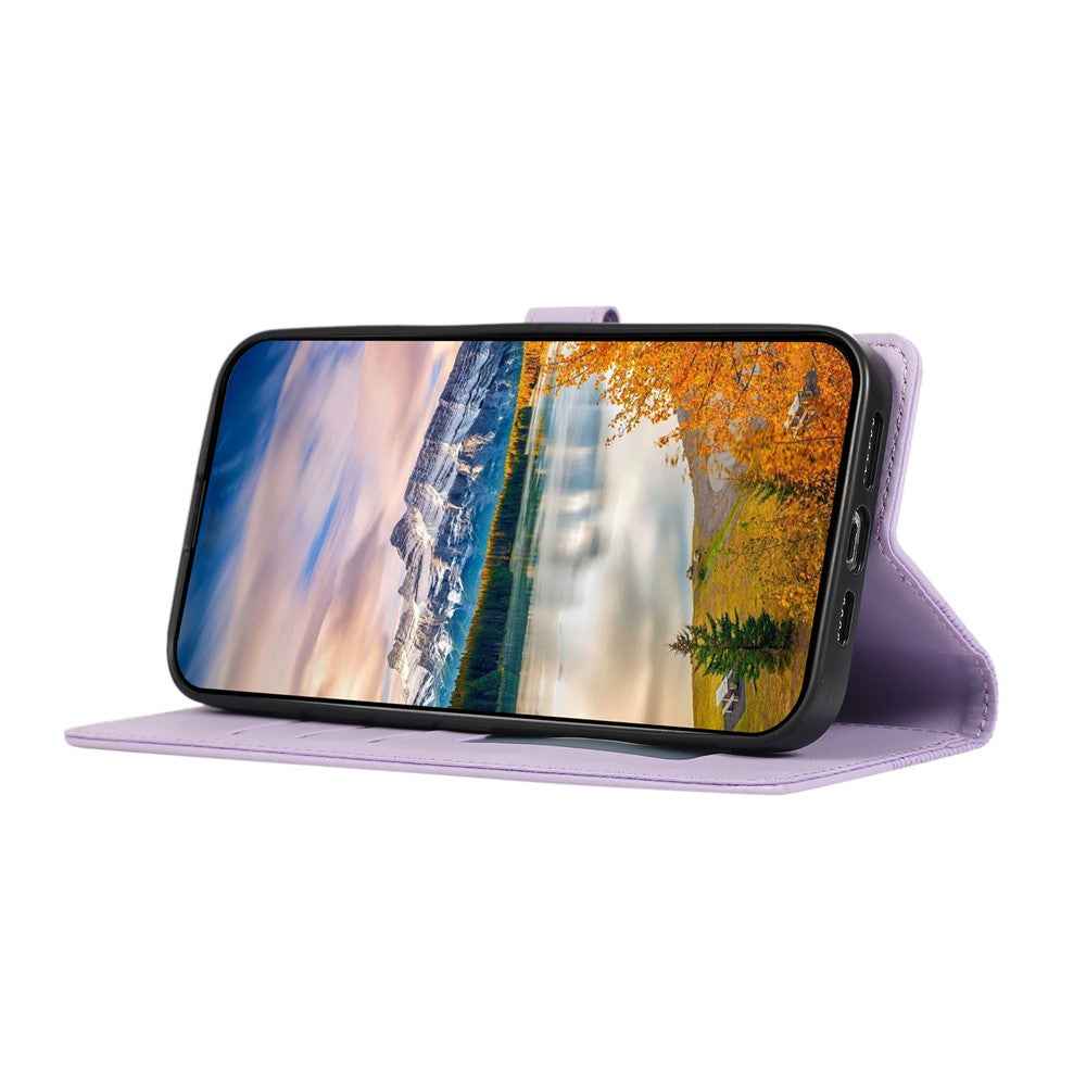 For Samsung Galaxy A57 5G Case Splicing Imprinted Rhombus Leather Phone Cover with Wrist Strap - Purple