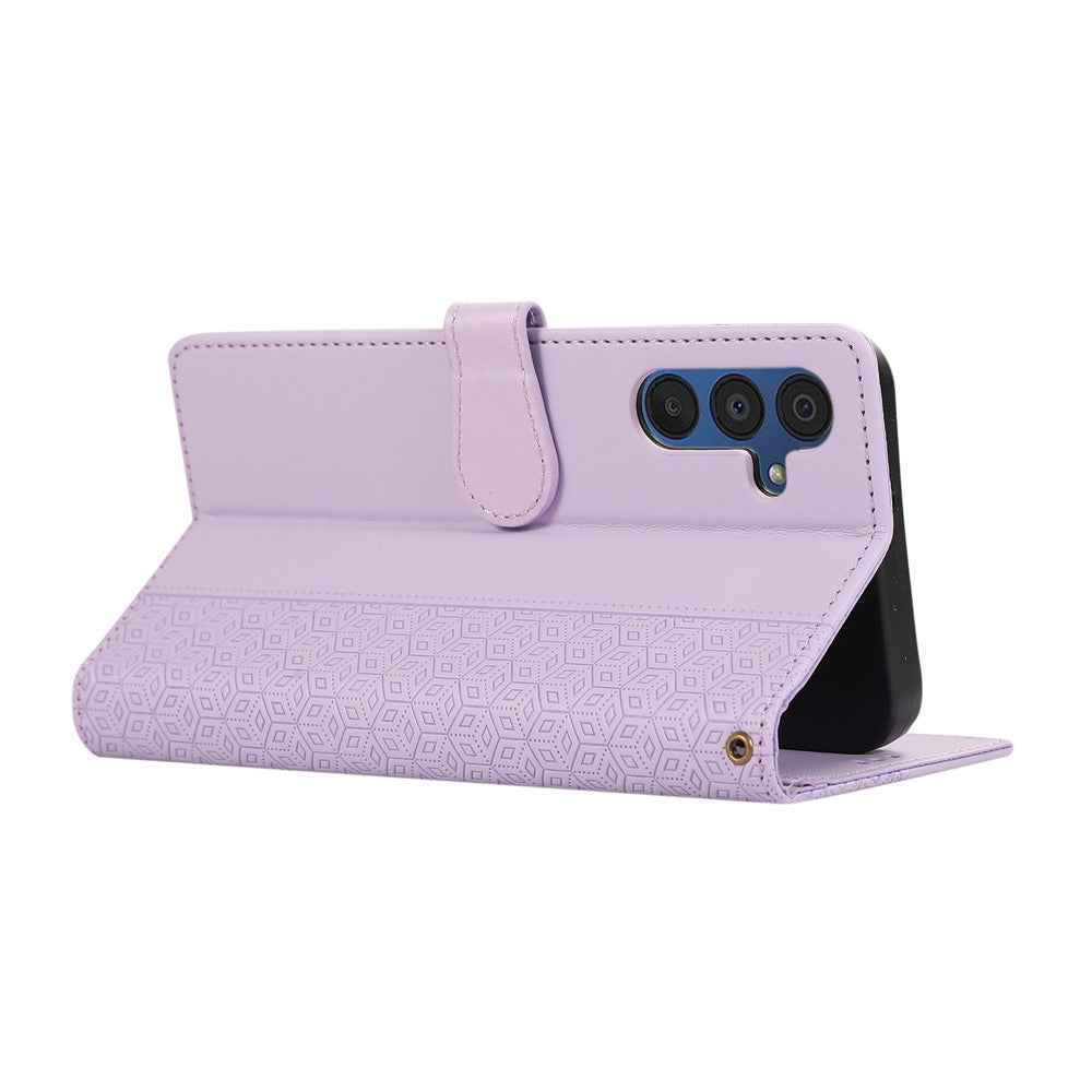 For Samsung Galaxy A57 5G Case Splicing Imprinted Rhombus Leather Phone Cover with Wrist Strap - Purple