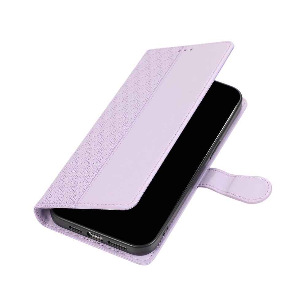 For Samsung Galaxy A57 5G Case Splicing Imprinted Rhombus Leather Phone Cover with Wrist Strap - Purple