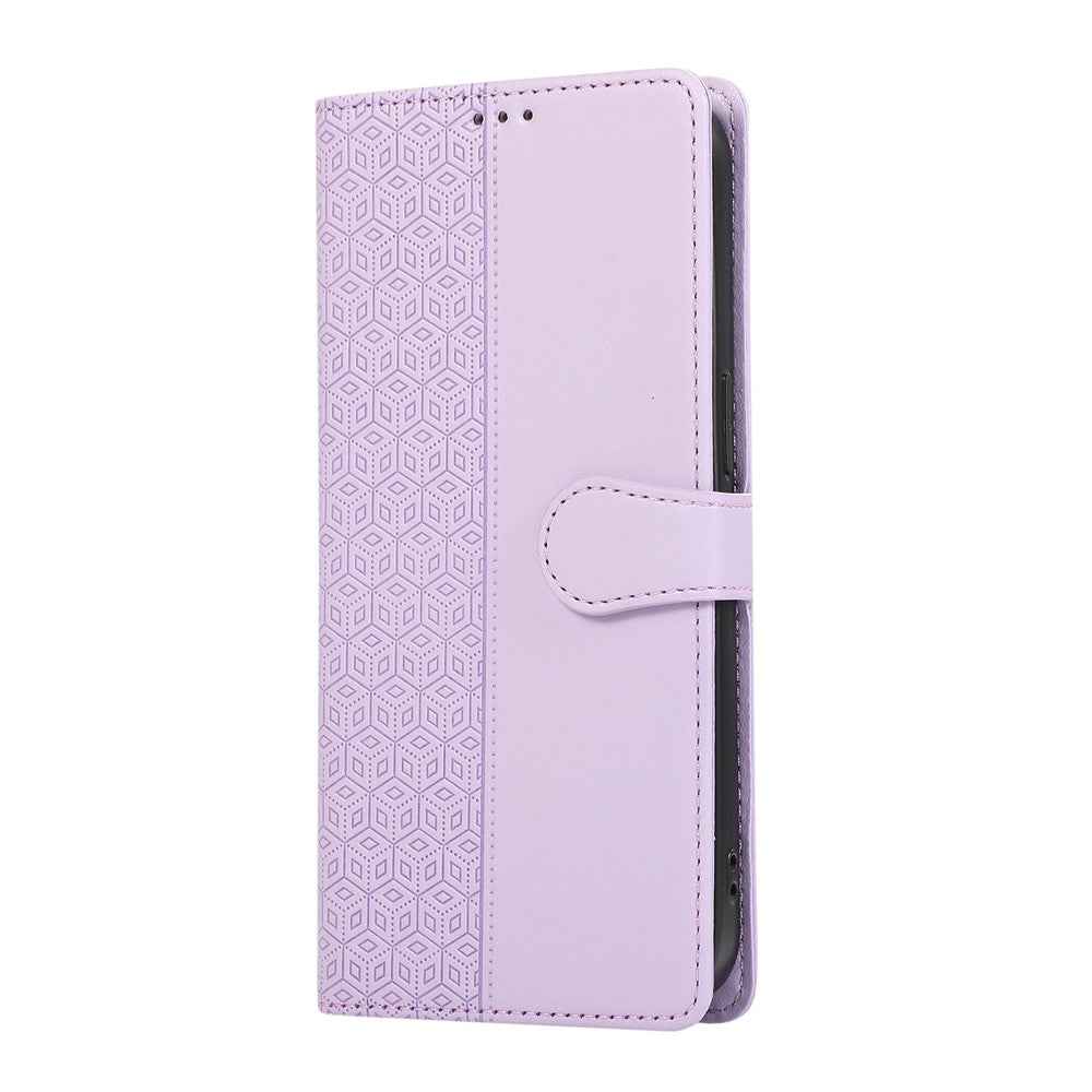 For Samsung Galaxy A57 5G Case Splicing Imprinted Rhombus Leather Phone Cover with Wrist Strap - Purple
