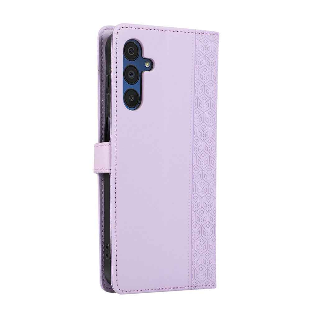 For Samsung Galaxy A57 5G Case Splicing Imprinted Rhombus Leather Phone Cover with Wrist Strap - Purple