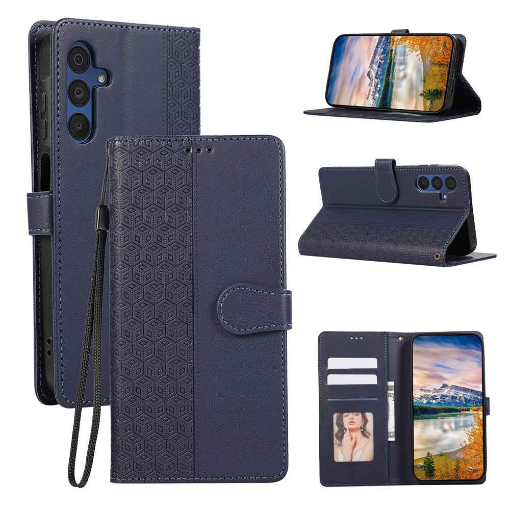 For Samsung Galaxy A57 5G Case Splicing Imprinted Rhombus Leather Phone Cover with Wrist Strap - Blue