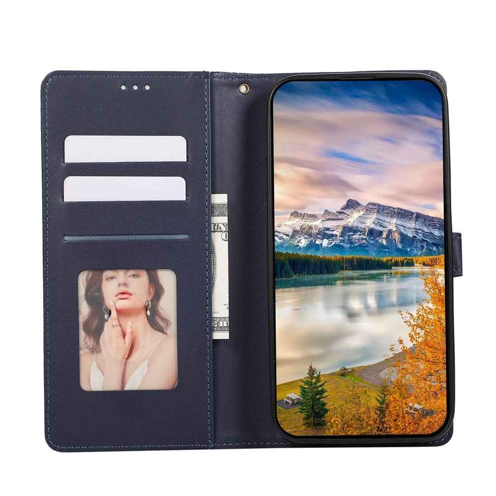 For Samsung Galaxy A57 5G Case Splicing Imprinted Rhombus Leather Phone Cover with Wrist Strap - Blue