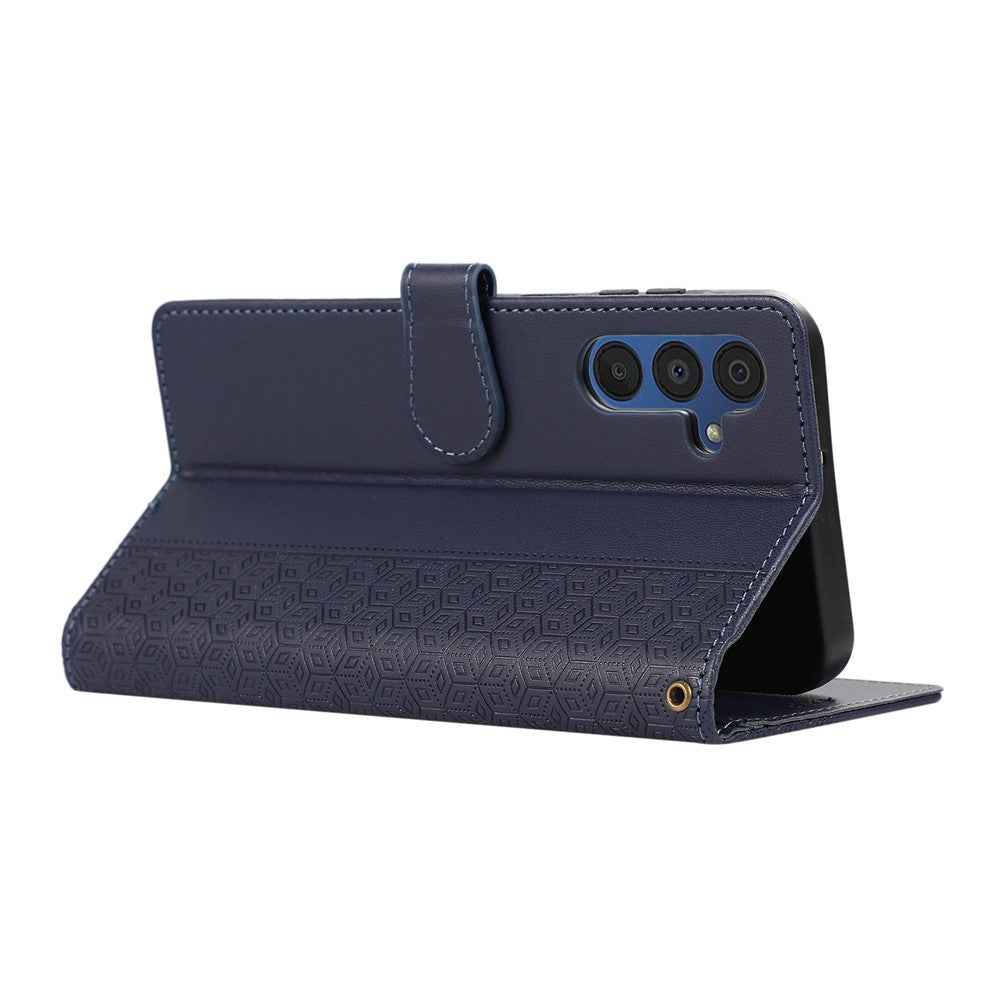 For Samsung Galaxy A57 5G Case Splicing Imprinted Rhombus Leather Phone Cover with Wrist Strap - Blue