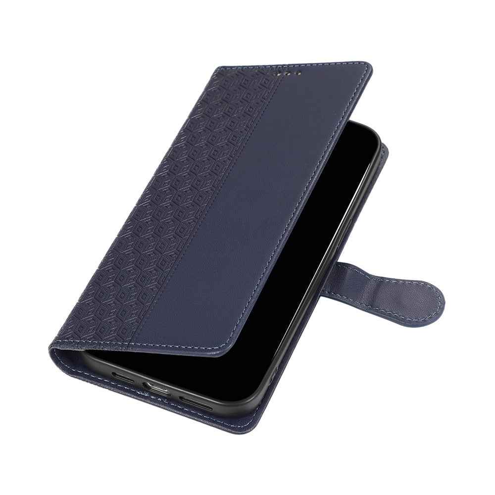 For Samsung Galaxy A57 5G Case Splicing Imprinted Rhombus Leather Phone Cover with Wrist Strap - Blue