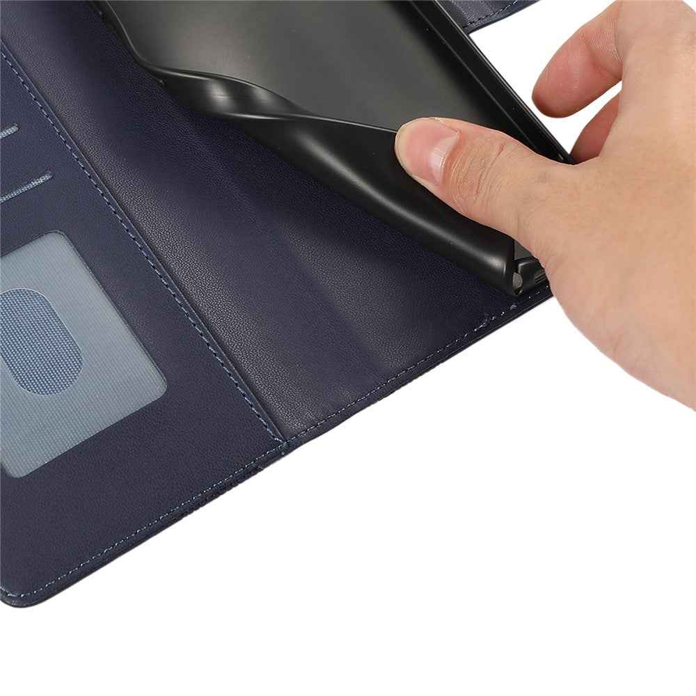 For Samsung Galaxy A57 5G Case Splicing Imprinted Rhombus Leather Phone Cover with Wrist Strap - Blue