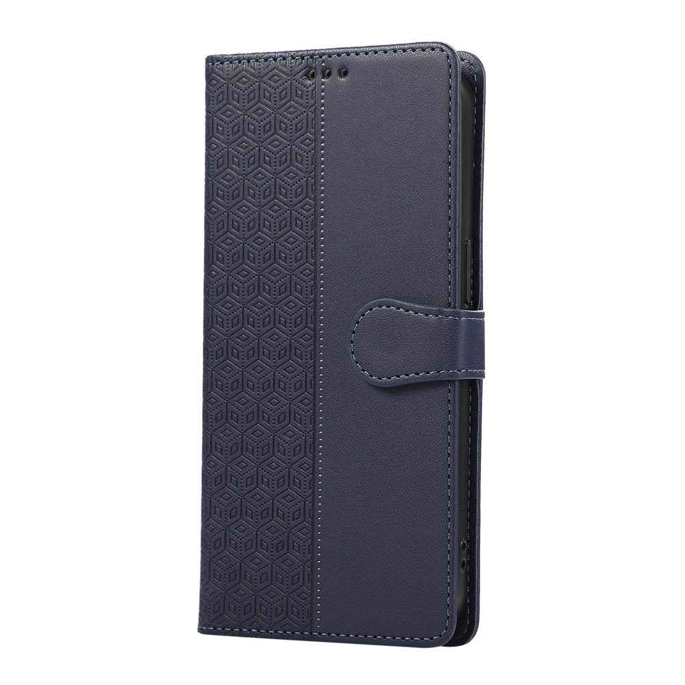 For Samsung Galaxy A57 5G Case Splicing Imprinted Rhombus Leather Phone Cover with Wrist Strap - Blue