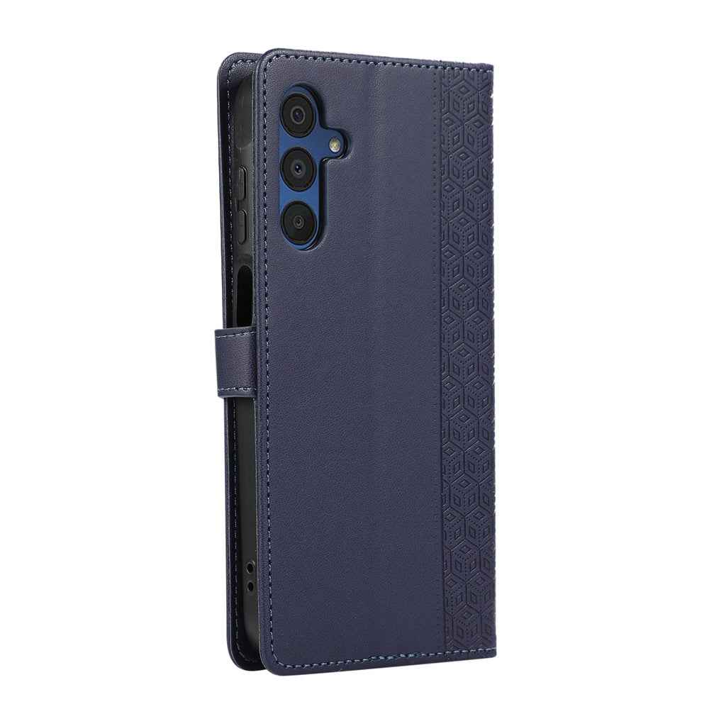 For Samsung Galaxy A57 5G Case Splicing Imprinted Rhombus Leather Phone Cover with Wrist Strap - Blue