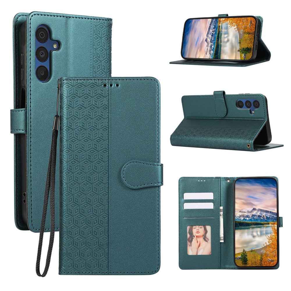 For Samsung Galaxy A57 5G Case Splicing Imprinted Rhombus Leather Phone Cover with Wrist Strap - Green