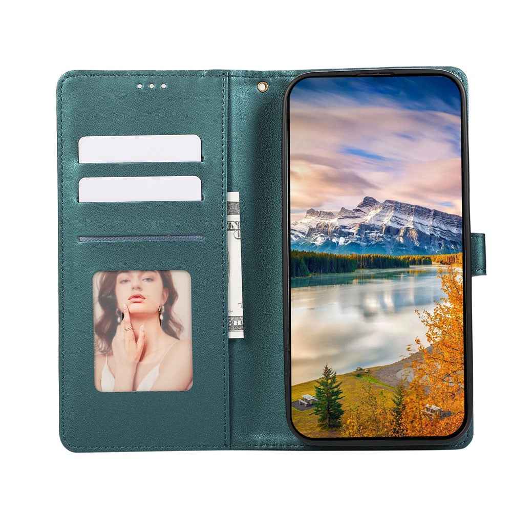 For Samsung Galaxy A57 5G Case Splicing Imprinted Rhombus Leather Phone Cover with Wrist Strap - Green