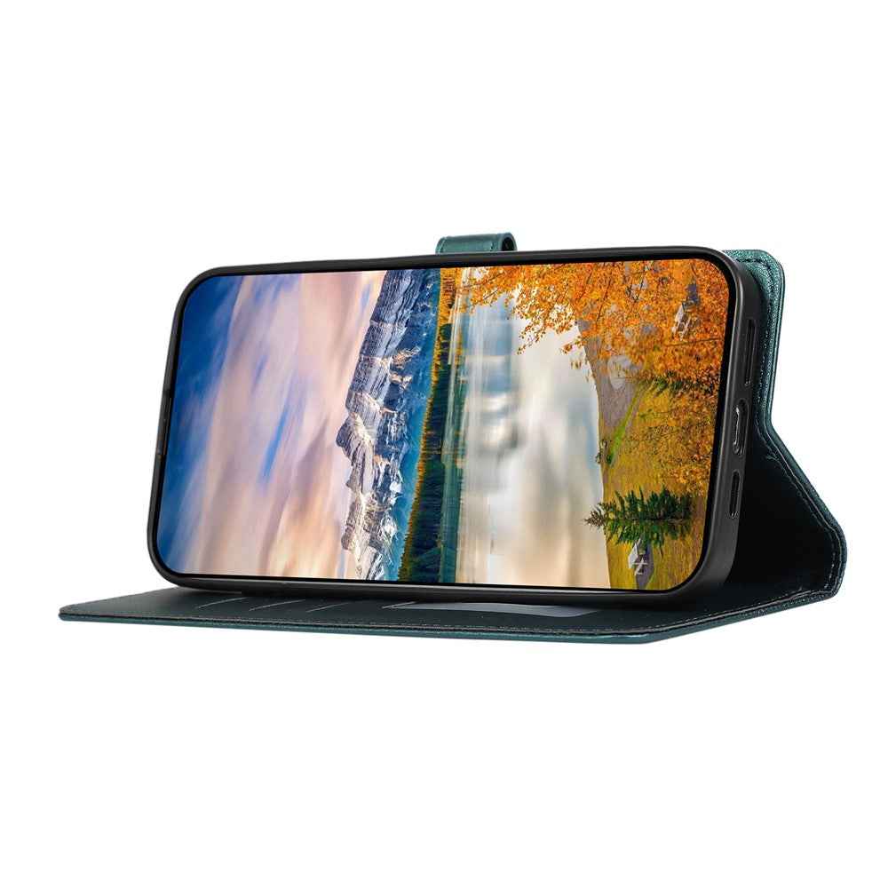 For Samsung Galaxy A57 5G Case Splicing Imprinted Rhombus Leather Phone Cover with Wrist Strap - Green