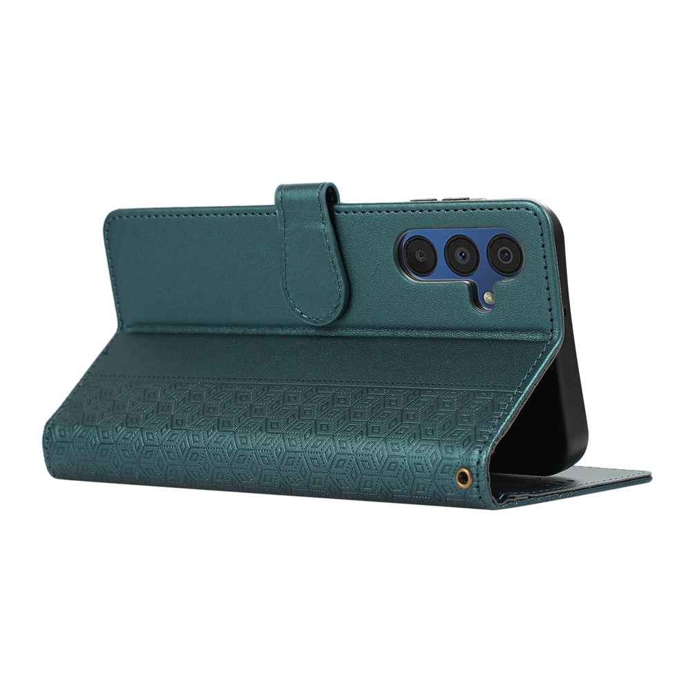 For Samsung Galaxy A57 5G Case Splicing Imprinted Rhombus Leather Phone Cover with Wrist Strap - Green