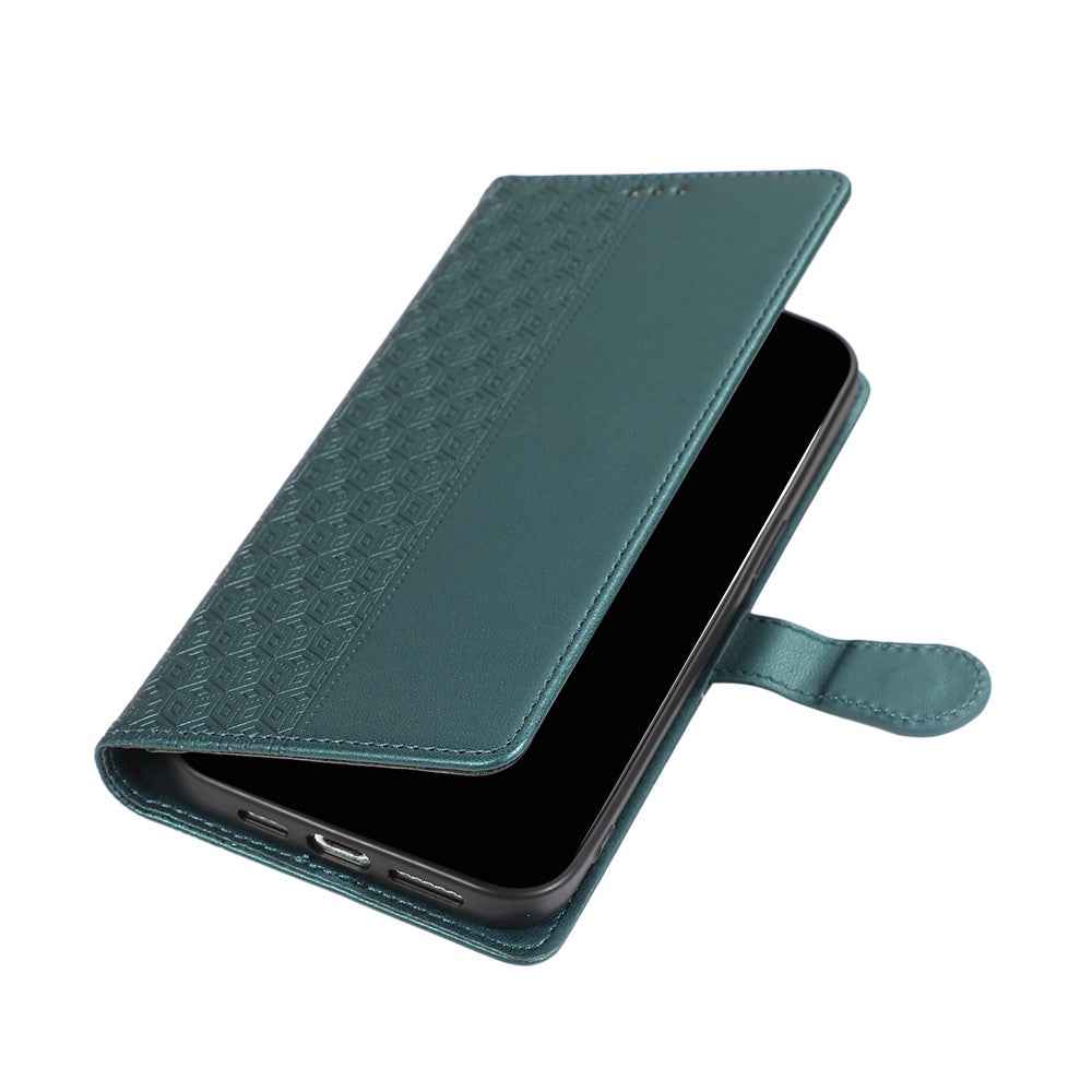 For Samsung Galaxy A57 5G Case Splicing Imprinted Rhombus Leather Phone Cover with Wrist Strap - Green