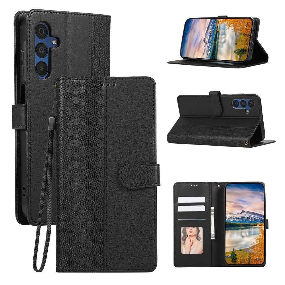 For Samsung Galaxy A57 5G Case Splicing Imprinted Rhombus Leather Phone Cover with Wrist Strap - Black