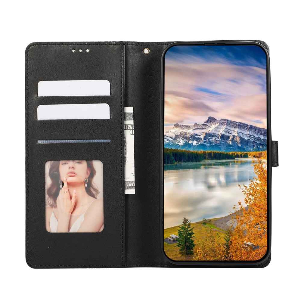 For Samsung Galaxy A57 5G Case Splicing Imprinted Rhombus Leather Phone Cover with Wrist Strap - Black