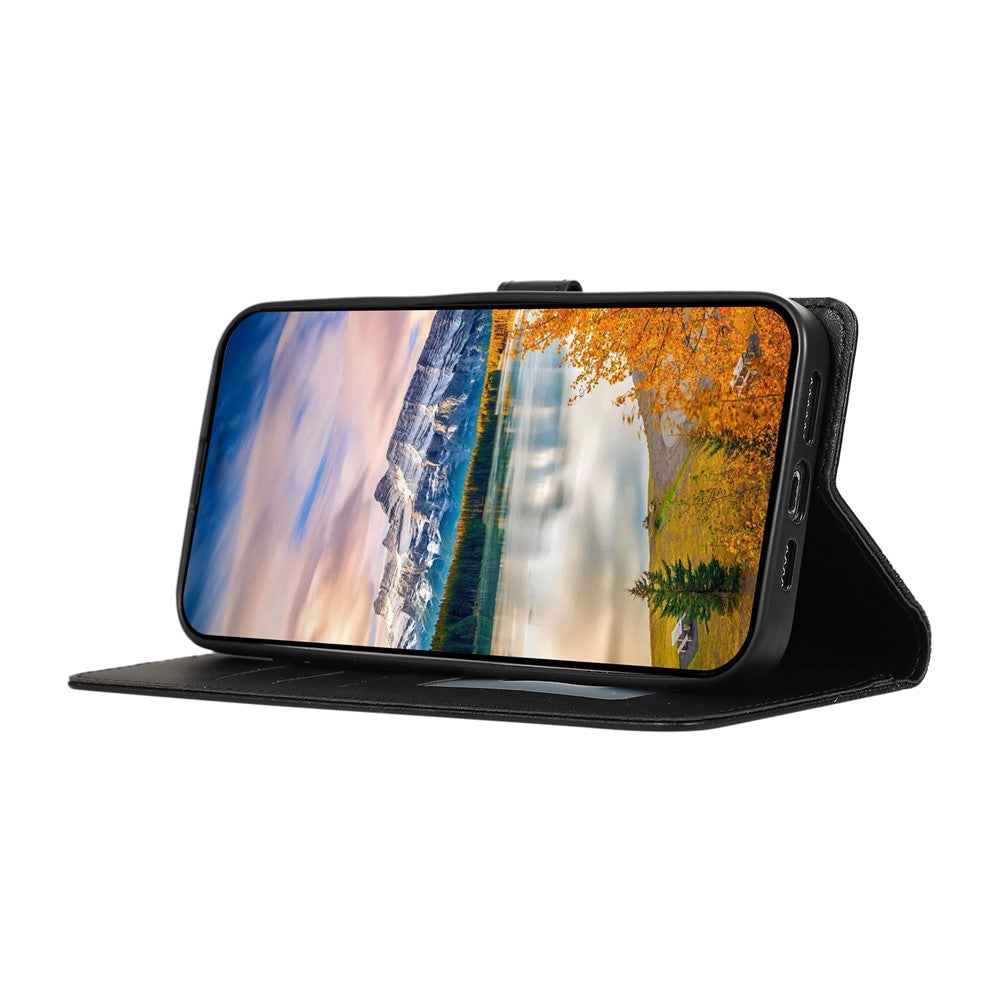 For Samsung Galaxy A57 5G Case Splicing Imprinted Rhombus Leather Phone Cover with Wrist Strap - Black