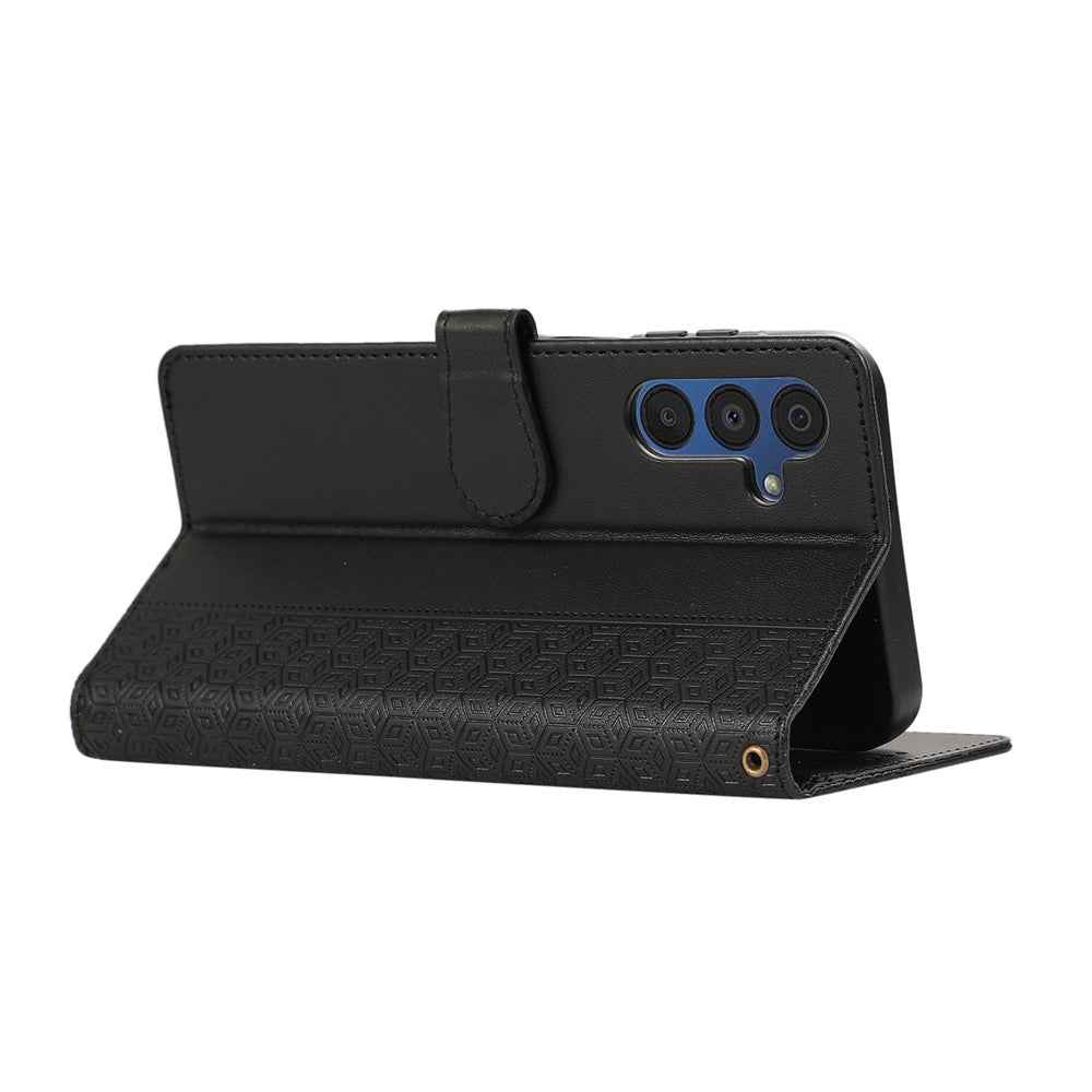For Samsung Galaxy A57 5G Case Splicing Imprinted Rhombus Leather Phone Cover with Wrist Strap - Black