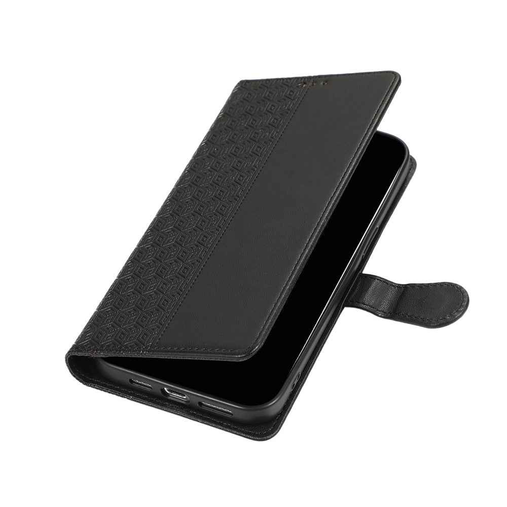 For Samsung Galaxy A57 5G Case Splicing Imprinted Rhombus Leather Phone Cover with Wrist Strap - Black