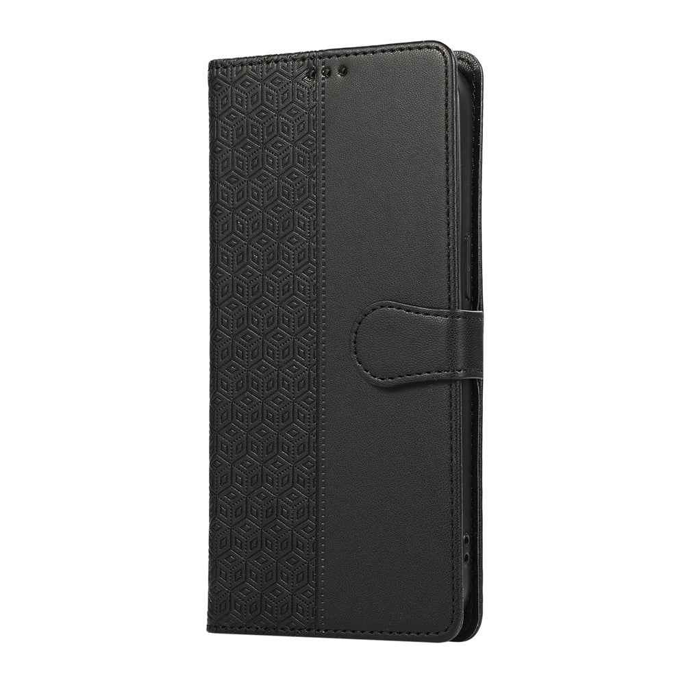 For Samsung Galaxy A57 5G Case Splicing Imprinted Rhombus Leather Phone Cover with Wrist Strap - Black