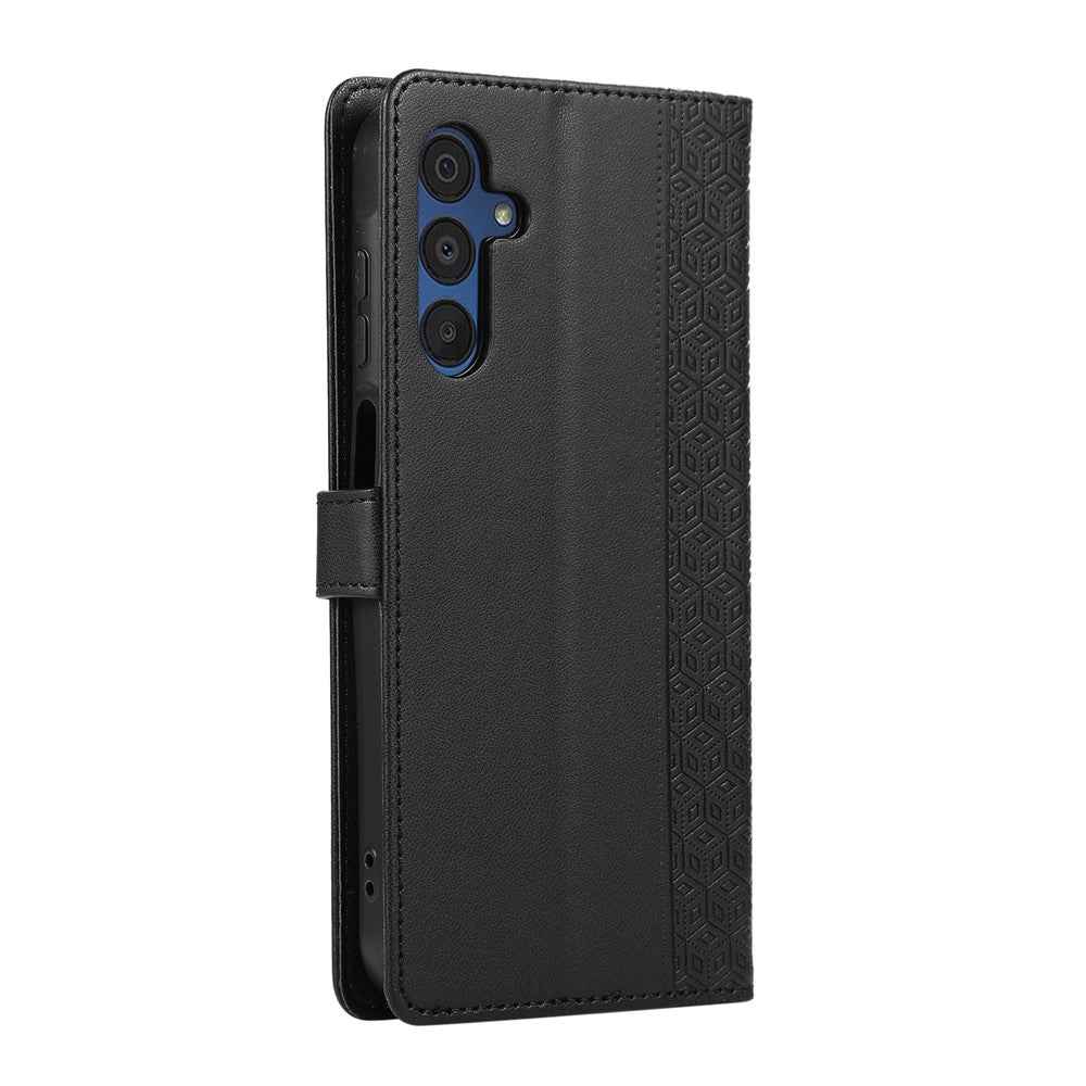 For Samsung Galaxy A57 5G Case Splicing Imprinted Rhombus Leather Phone Cover with Wrist Strap - Black