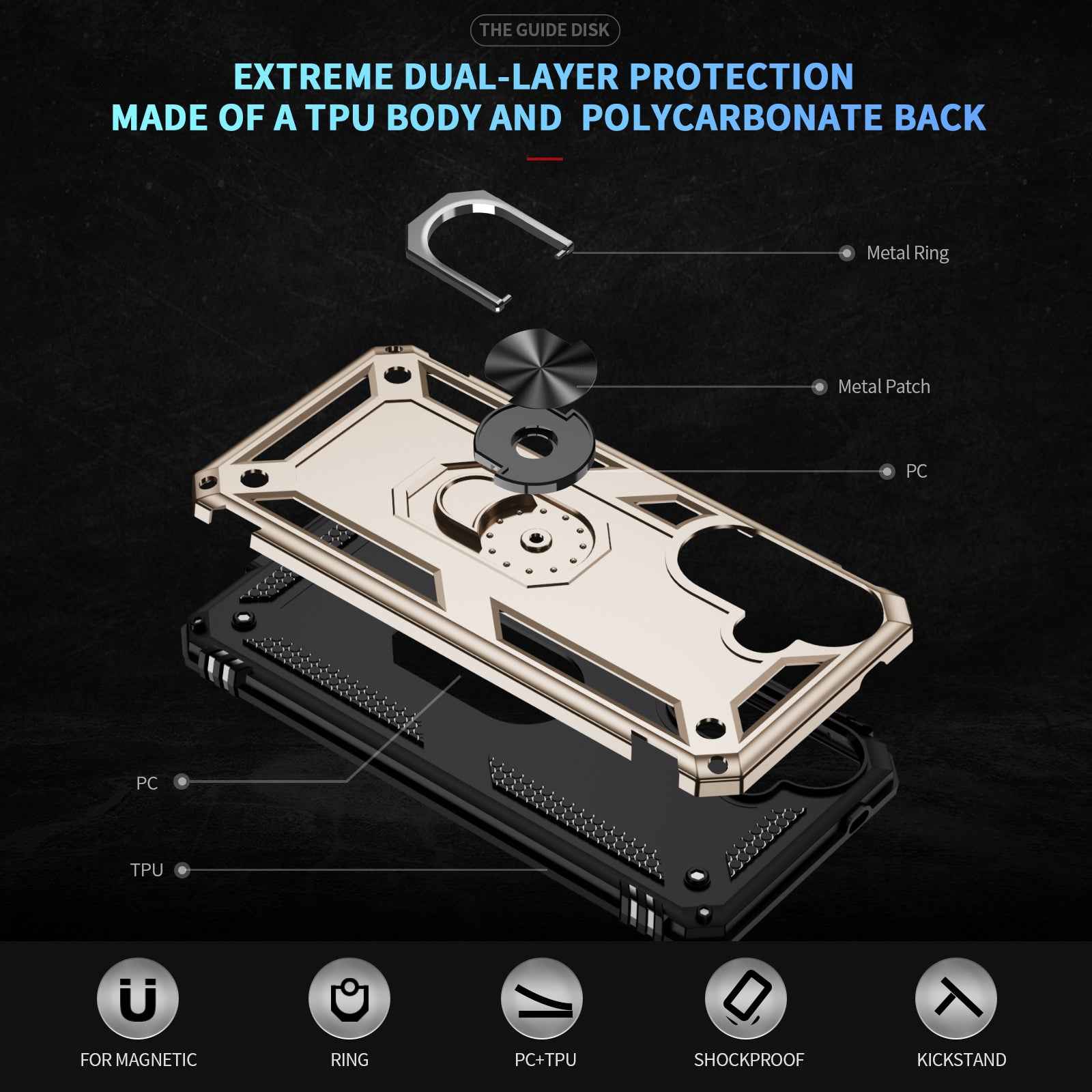 For Samsung Galaxy A57 5G Case PC + TPU Phone Cover with Kickstand - Gold