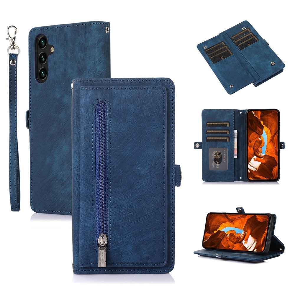 For Samsung Galaxy A57 5G Case Zipper Pocket 9 Card Slots PU Leather Phone Cover with Wrist Strap - Blue