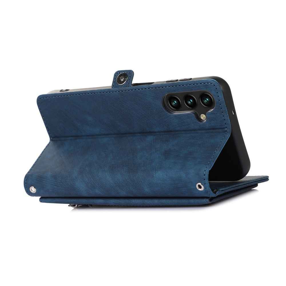 For Samsung Galaxy A57 5G Case Zipper Pocket 9 Card Slots PU Leather Phone Cover with Wrist Strap - Blue