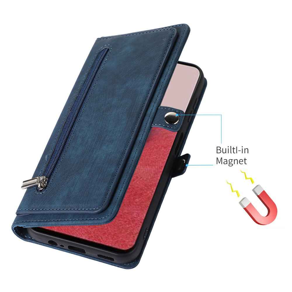 For Samsung Galaxy A57 5G Case Zipper Pocket 9 Card Slots PU Leather Phone Cover with Wrist Strap - Blue