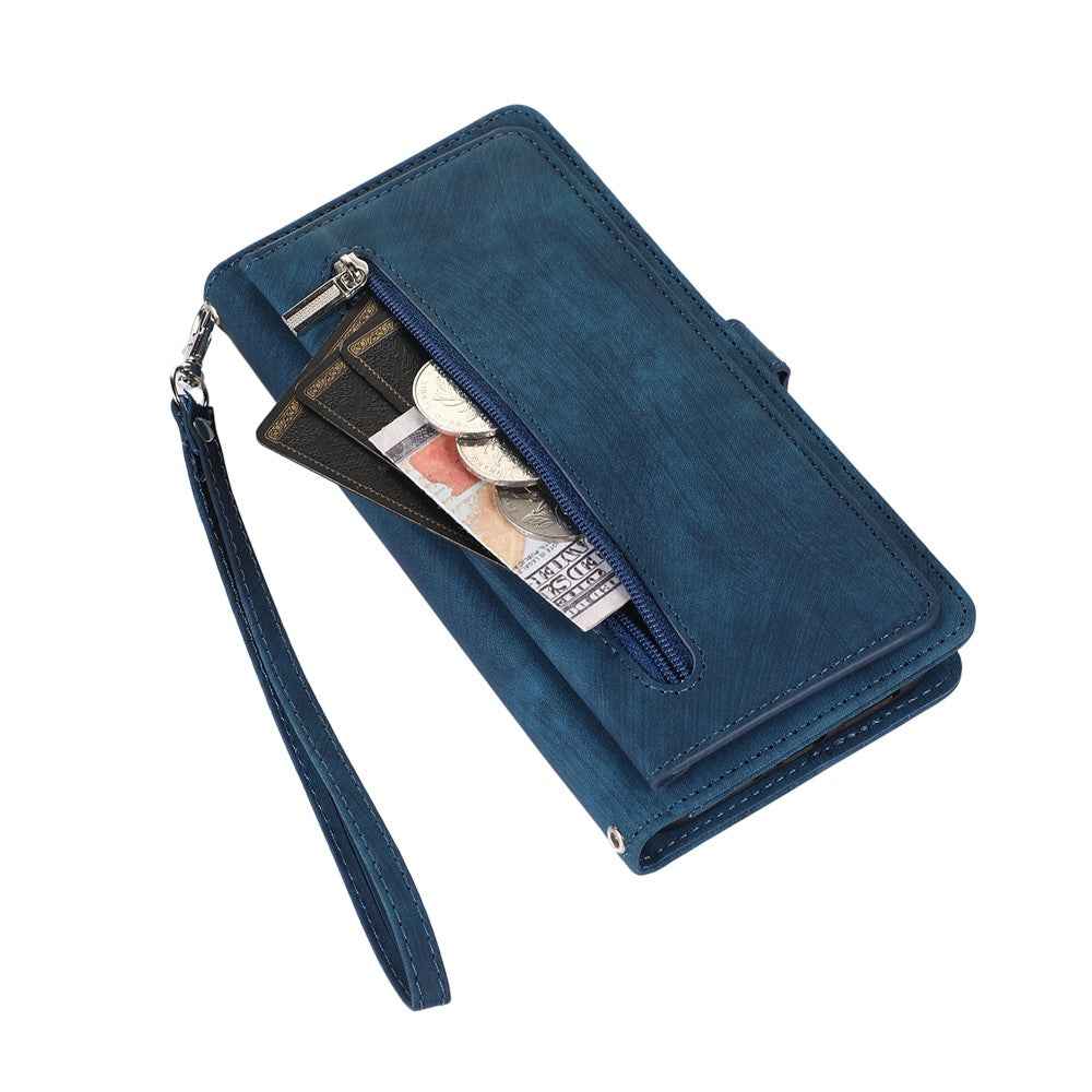 For Samsung Galaxy A57 5G Case Zipper Pocket 9 Card Slots PU Leather Phone Cover with Wrist Strap - Blue