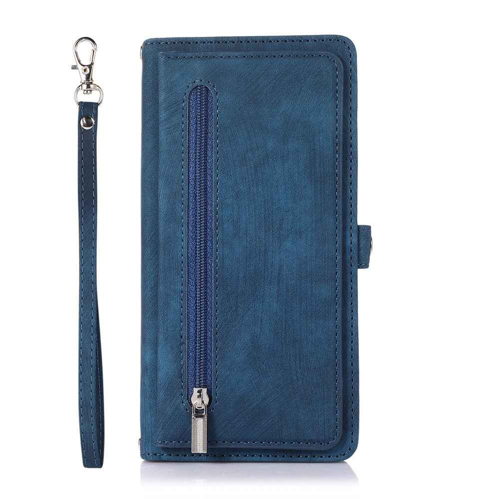 For Samsung Galaxy A57 5G Case Zipper Pocket 9 Card Slots PU Leather Phone Cover with Wrist Strap - Blue