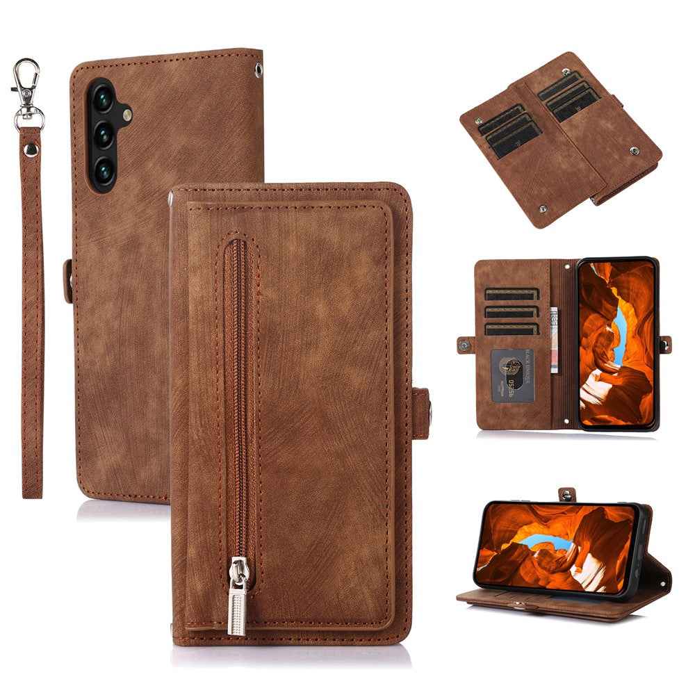 For Samsung Galaxy A57 5G Case Zipper Pocket 9 Card Slots PU Leather Phone Cover with Wrist Strap - Brown