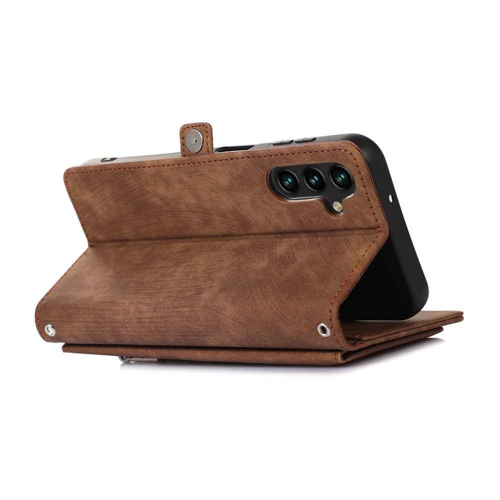 For Samsung Galaxy A57 5G Case Zipper Pocket 9 Card Slots PU Leather Phone Cover with Wrist Strap - Brown