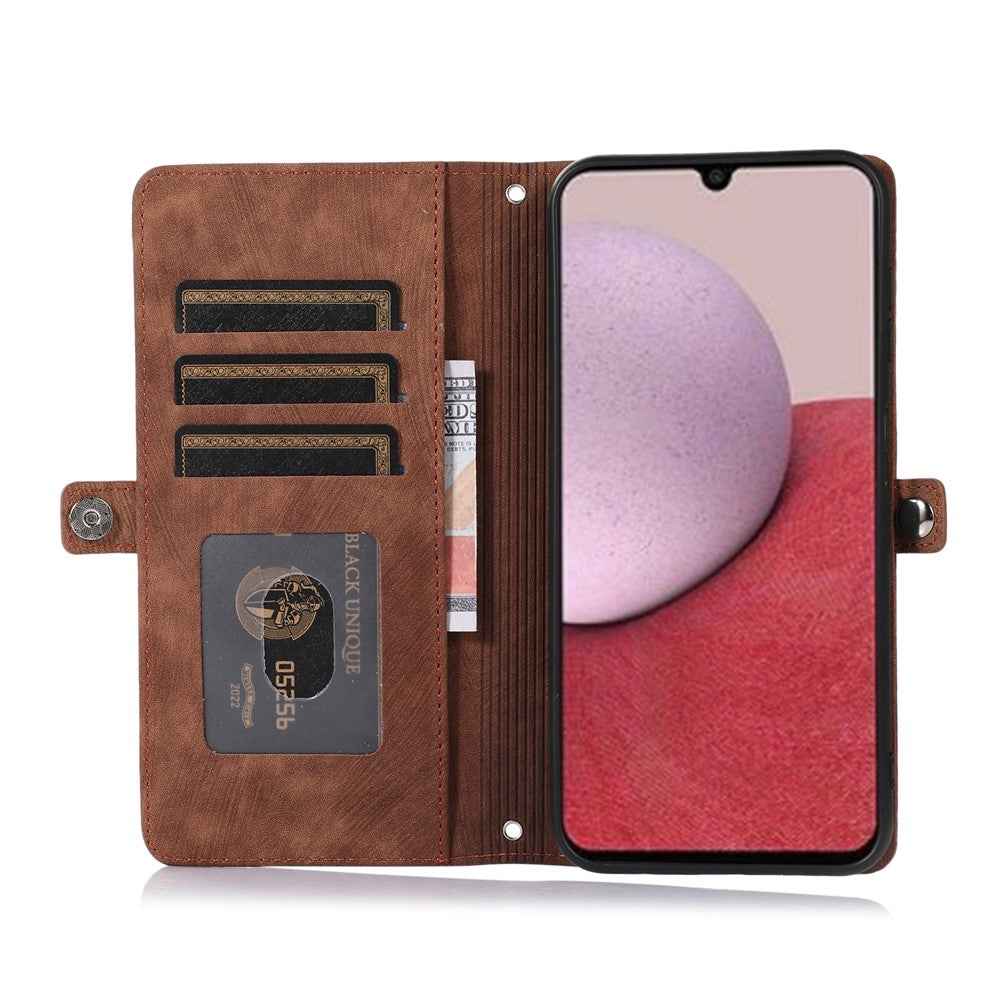 For Samsung Galaxy A57 5G Case Zipper Pocket 9 Card Slots PU Leather Phone Cover with Wrist Strap - Brown