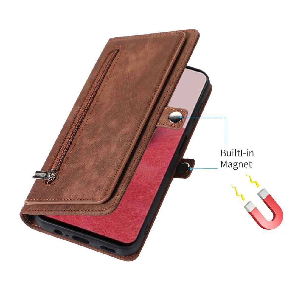 For Samsung Galaxy A57 5G Case Zipper Pocket 9 Card Slots PU Leather Phone Cover with Wrist Strap - Brown