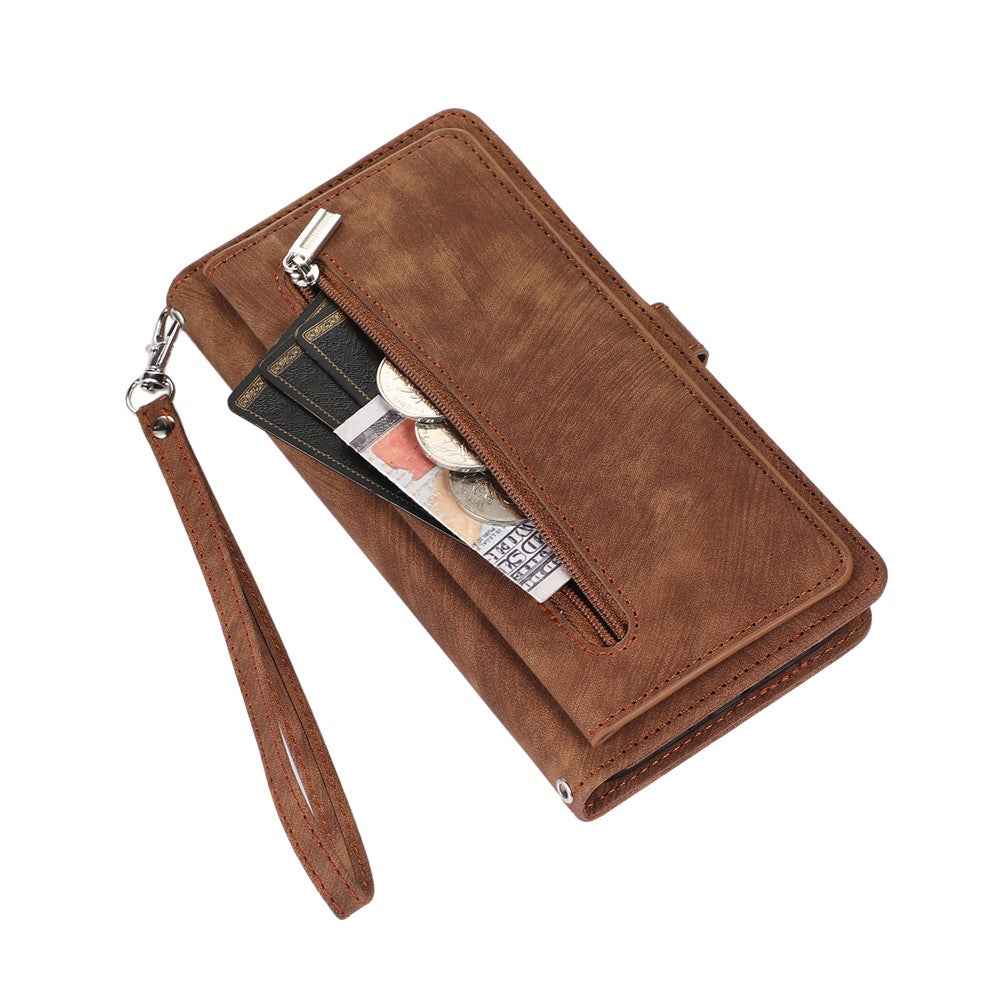 For Samsung Galaxy A57 5G Case Zipper Pocket 9 Card Slots PU Leather Phone Cover with Wrist Strap - Brown