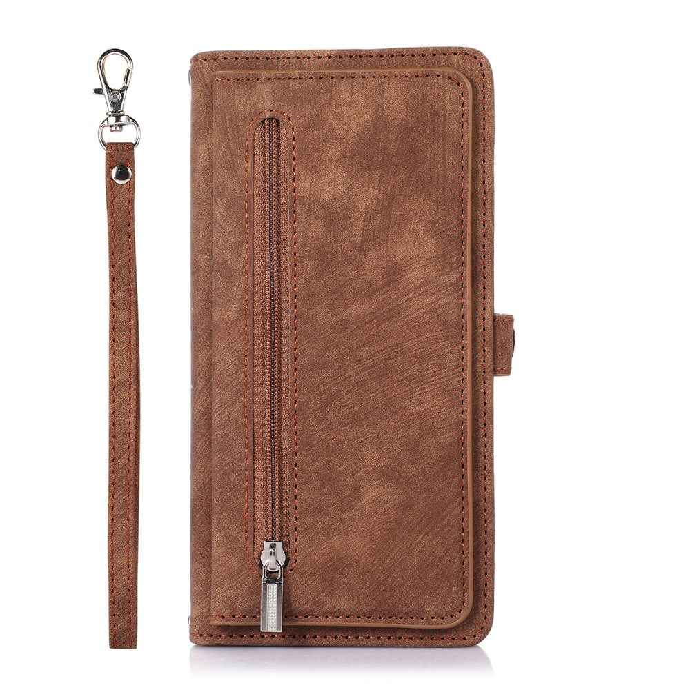 For Samsung Galaxy A57 5G Case Zipper Pocket 9 Card Slots PU Leather Phone Cover with Wrist Strap - Brown