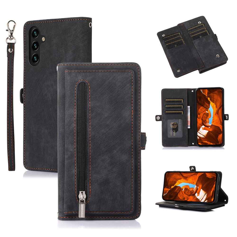 For Samsung Galaxy A57 5G Case Zipper Pocket 9 Card Slots PU Leather Phone Cover with Wrist Strap - Black