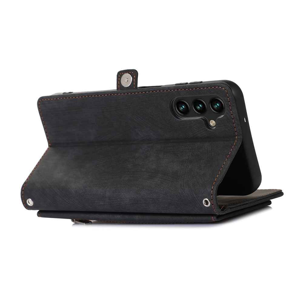 For Samsung Galaxy A57 5G Case Zipper Pocket 9 Card Slots PU Leather Phone Cover with Wrist Strap - Black
