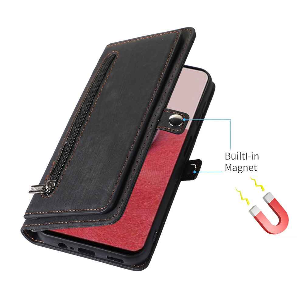For Samsung Galaxy A57 5G Case Zipper Pocket 9 Card Slots PU Leather Phone Cover with Wrist Strap - Black