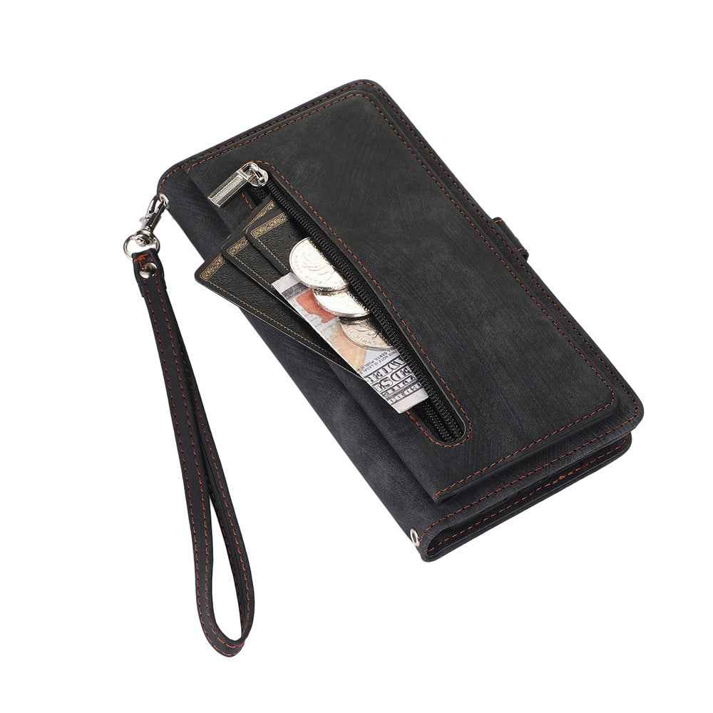 For Samsung Galaxy A57 5G Case Zipper Pocket 9 Card Slots PU Leather Phone Cover with Wrist Strap - Black