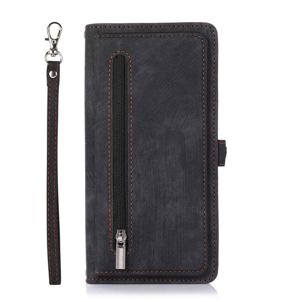 For Samsung Galaxy A57 5G Case Zipper Pocket 9 Card Slots PU Leather Phone Cover with Wrist Strap - Black