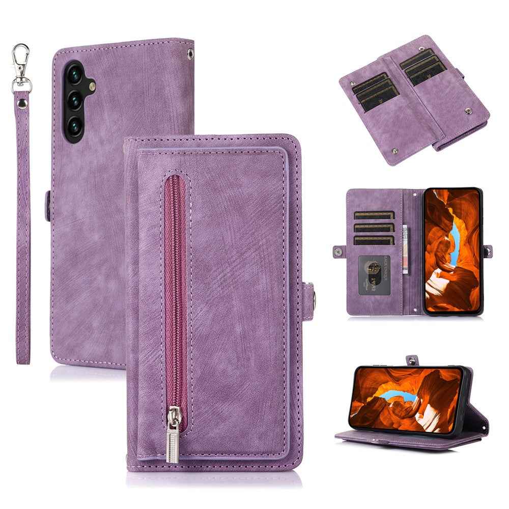 For Samsung Galaxy A57 5G Case Zipper Pocket 9 Card Slots PU Leather Phone Cover with Wrist Strap - Purple