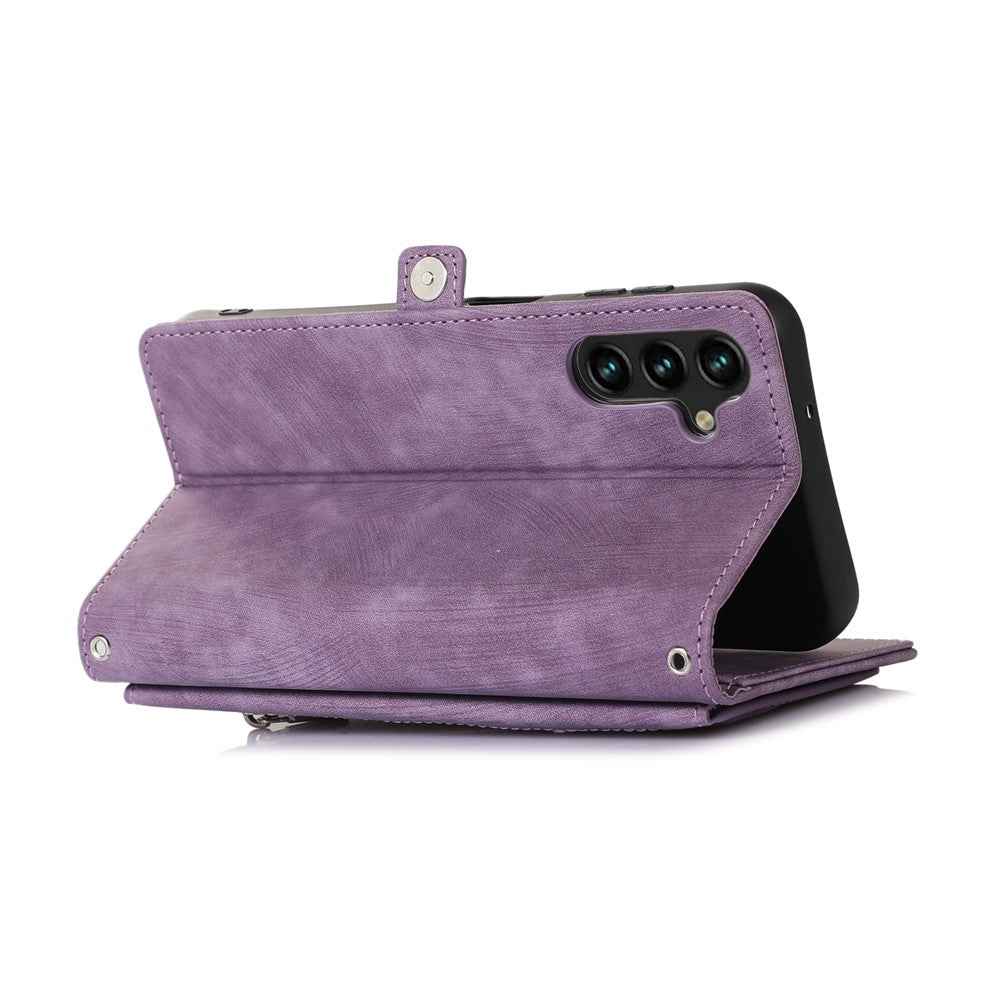 For Samsung Galaxy A57 5G Case Zipper Pocket 9 Card Slots PU Leather Phone Cover with Wrist Strap - Purple