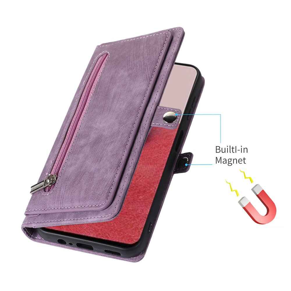 For Samsung Galaxy A57 5G Case Zipper Pocket 9 Card Slots PU Leather Phone Cover with Wrist Strap - Purple