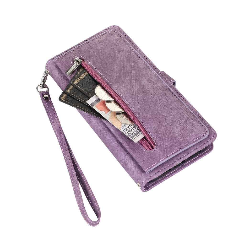 For Samsung Galaxy A57 5G Case Zipper Pocket 9 Card Slots PU Leather Phone Cover with Wrist Strap - Purple