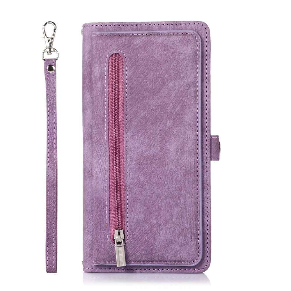 For Samsung Galaxy A57 5G Case Zipper Pocket 9 Card Slots PU Leather Phone Cover with Wrist Strap - Purple